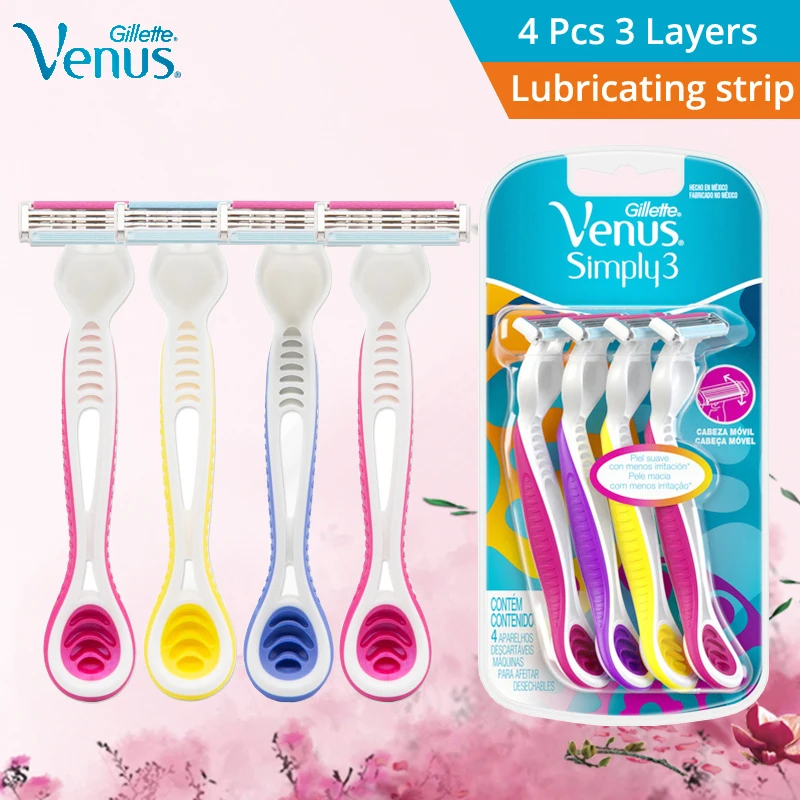 Gillette Venus Disposable Straight Razor Simply 3 for Woman Less Irritation 3 Layers Blade Pivoting Head Lubricating Bar