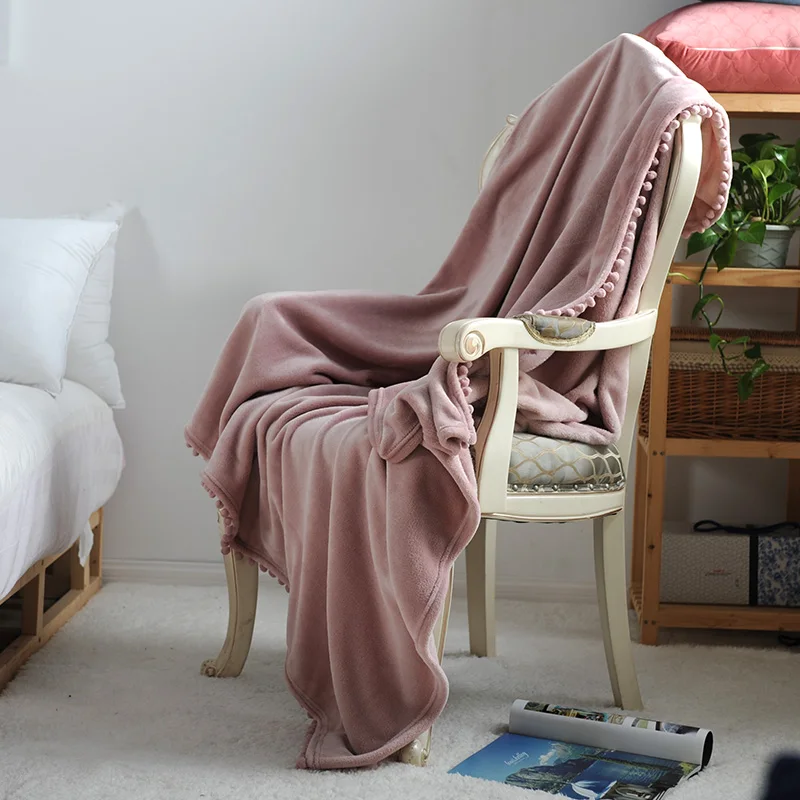 

Nordic Style Soft Solid Blanket with Pompom Tassel Fleece Flannel Blanket Adult Sofa Bedding Throw Blankets for Bed Sofa Blanket