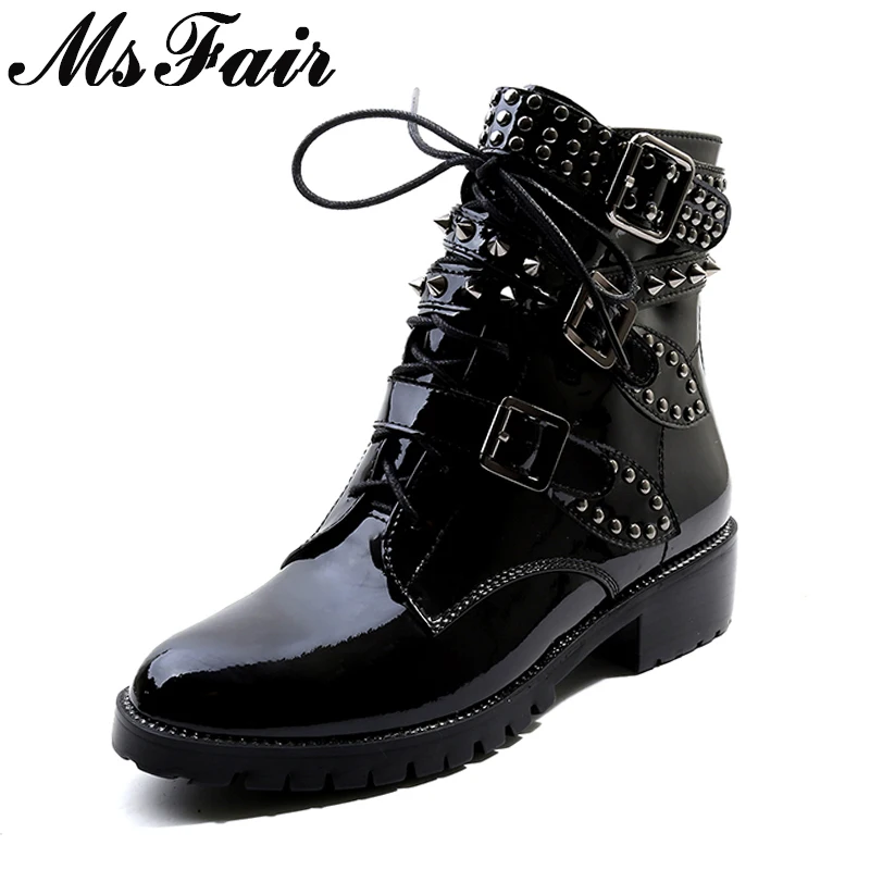 

MSFAIR Round Toe Square heel Women Boot Metal Buckl Rivet Mid Heel Ankle Boot Women Shoes Winter Short Plush Buckle Martin Boots