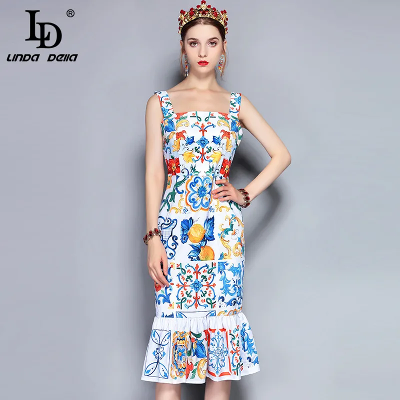 

LD LINDA DELLA Fashion Runway Summer Dress Women's Spaghetti Strap Backless Gorgeous Floral Print Bodycon Mermaid Party Dress