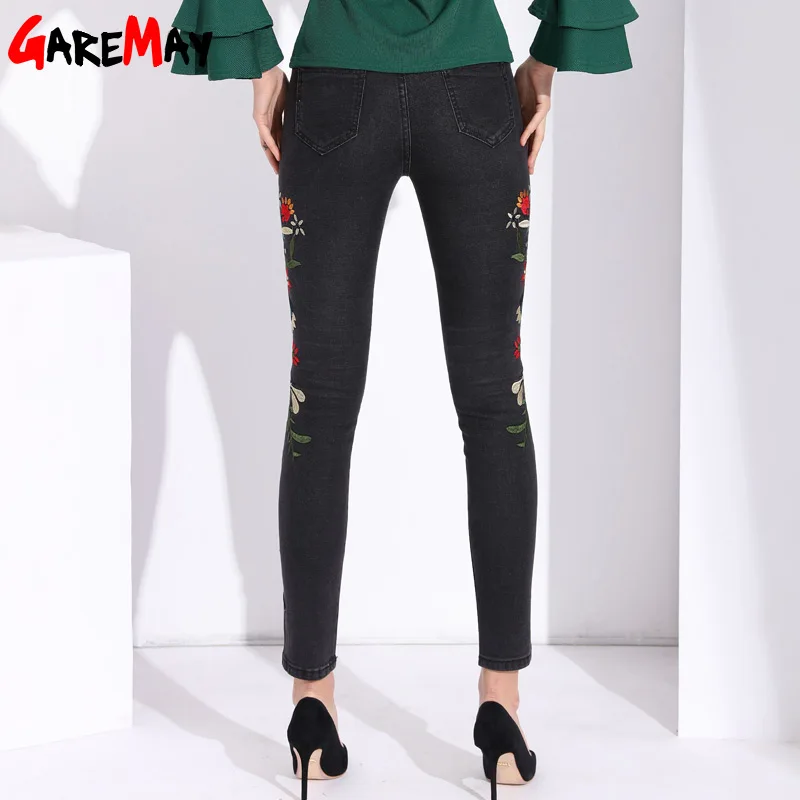 Garemay Stretch Women Jeans With Embroidery Capri Black High Waisted Jeans Plus Size Floral Pants Womens Denim Pants Woman