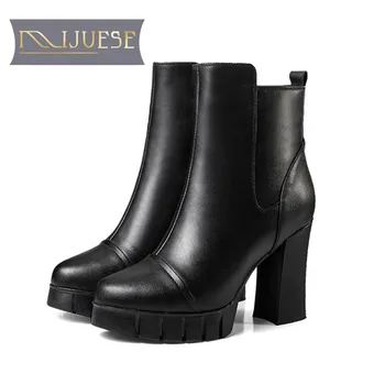

MLJUESE 2018 women ankle boots cow leather shearing zippers black color high heels winter warm platform motorcycle boots