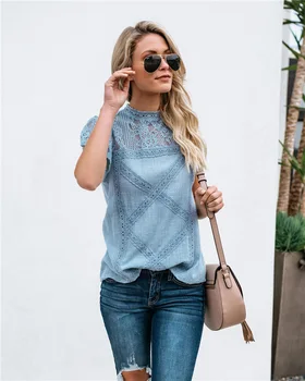 

2019 Spring Fashion Lace Geometry Pattern Button Short Sleeve Casual Tshirt Women