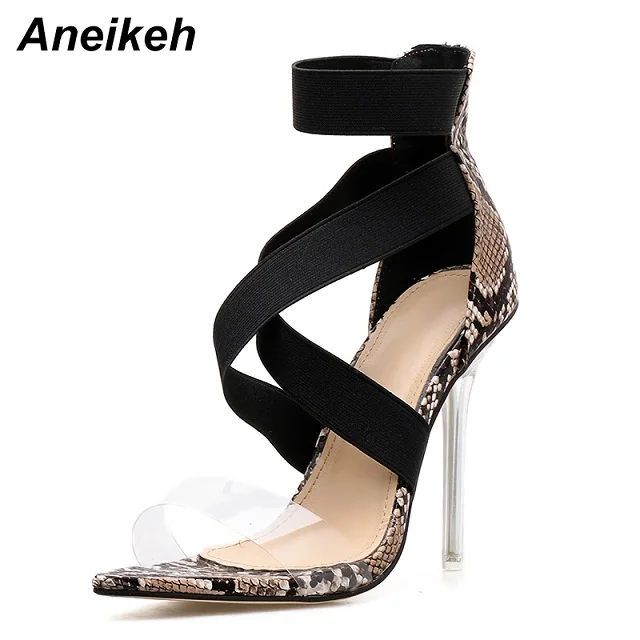 Aneikeh/ Змея шаблон эластичный Сандалии с перекрестным ремешком вечерние пикантные прозрачные туфли на шпильках с закрытым носком босоножки на высоком каблуке - Цвет: black