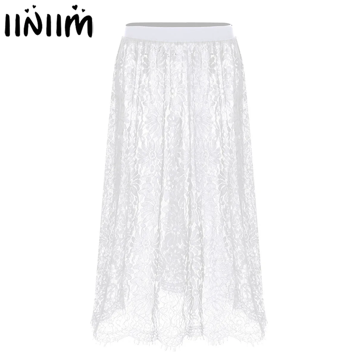 

iiniim Womens Floral Lace High Waist See Through Sheer Half Slip Hollow Out Solid Color Stretchy Underskirt A-line Midi Skirts