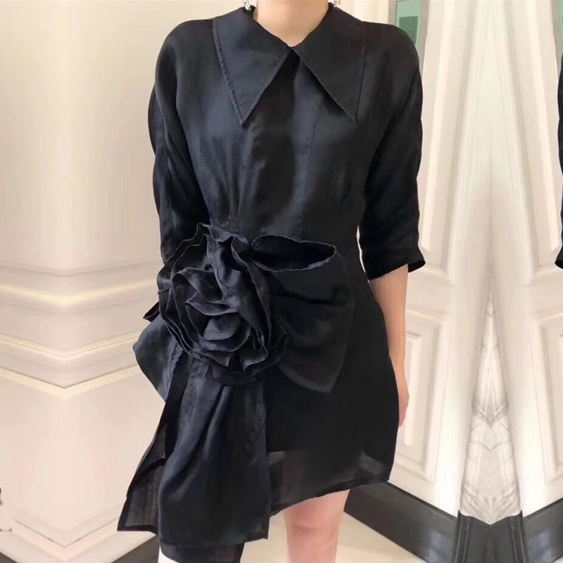 

Autumn New Arrival Rose Solid Woman Mini Dress Turn-down Collar Three-Quarter Sleeve Black Short Dress Female Fashion 2019 New