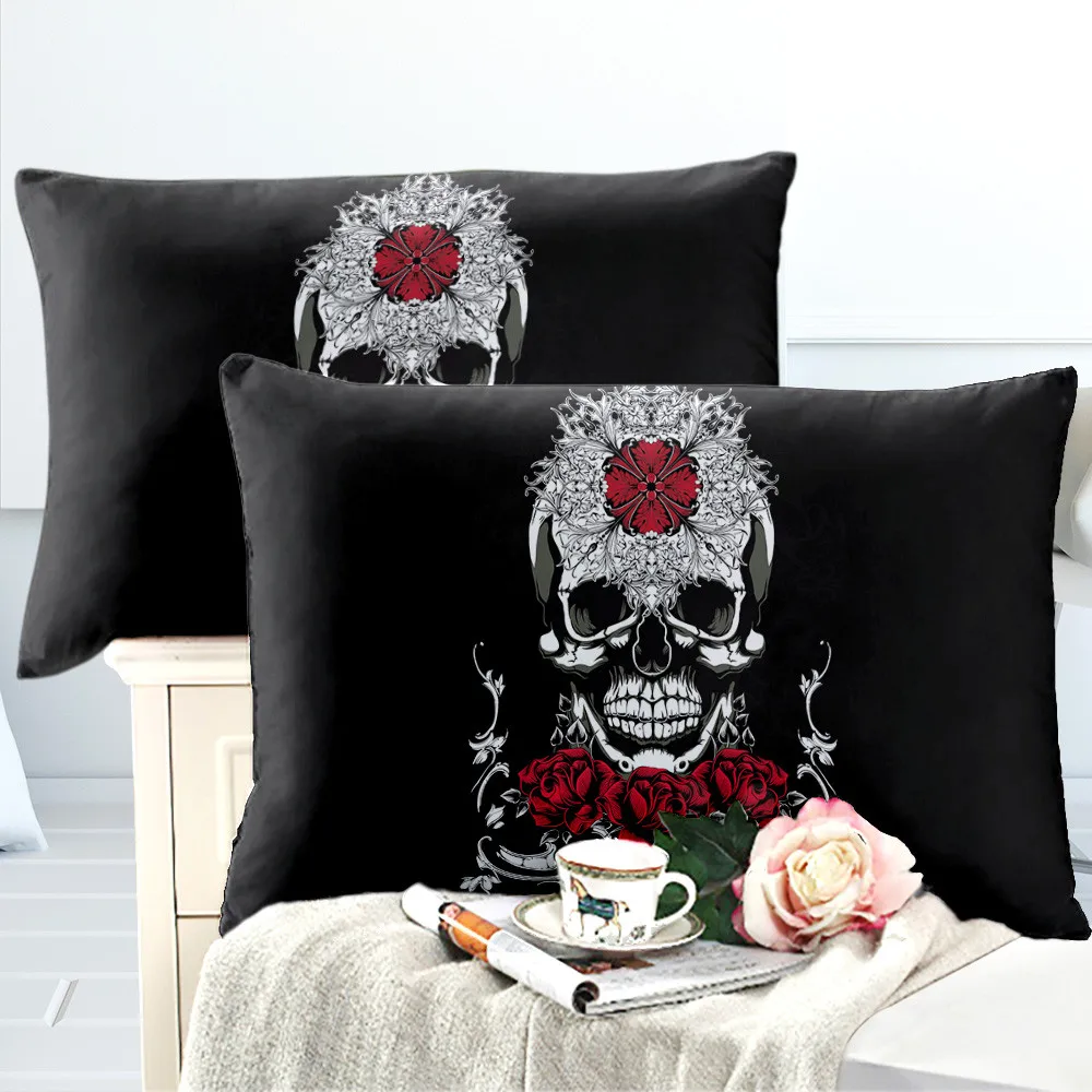 Halloween Girls Sweet Pillowcase Sugar Skull With Red Rose Print Pillow