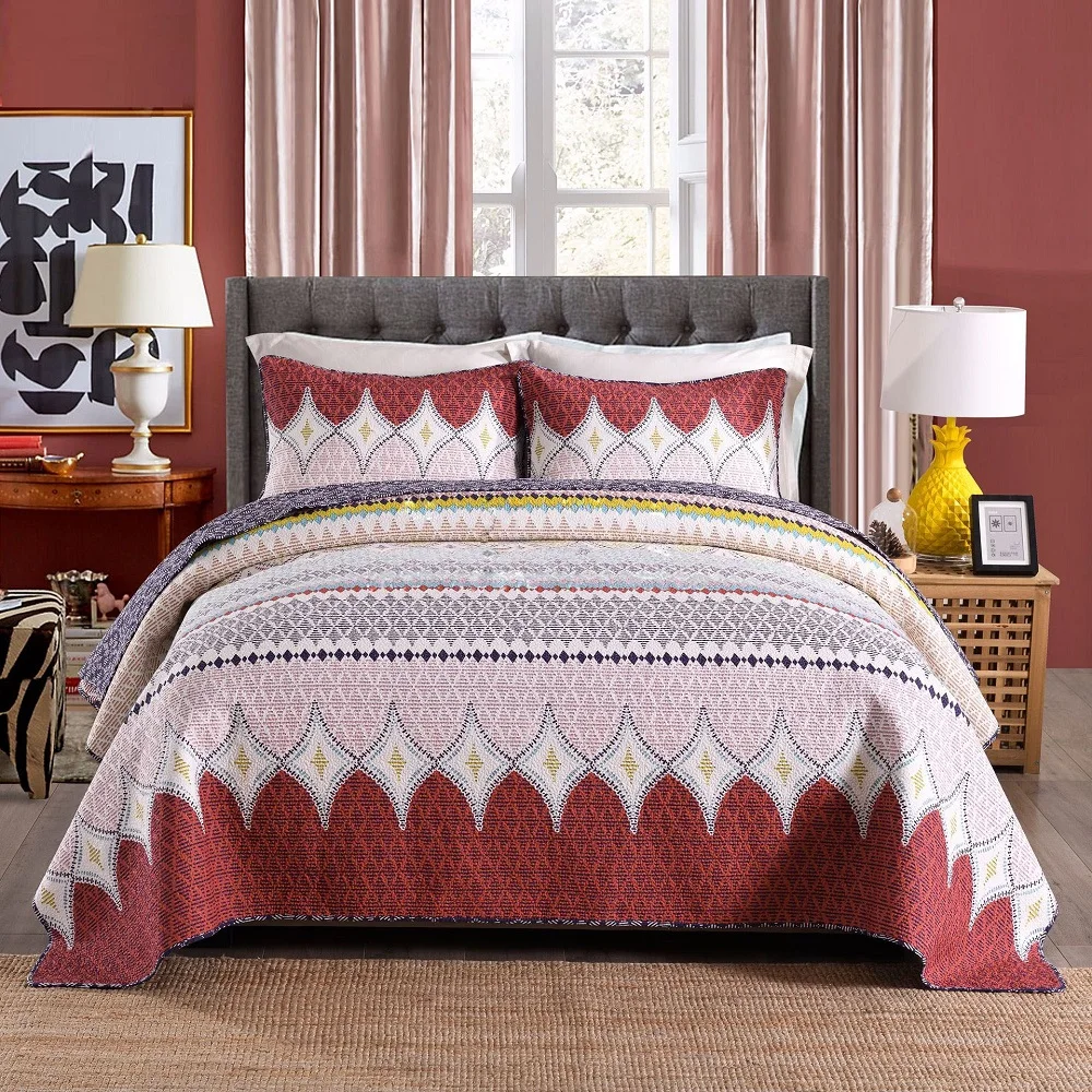 

CHAUSUB Quality Washed Cotton Quilt Set 3PC Vintage Printed Quilts Quilted Bedspread Coverlet Set Bed Cover Pillowcase King Size