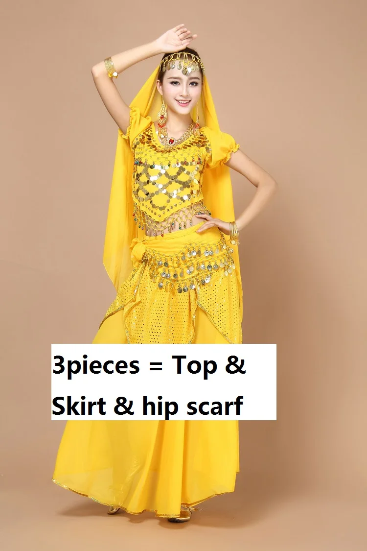 Детские болливудские танцевальные костюмы, юбки для взрослых и детей, женская одежда размера плюс, платье jupe, одежда для индийских танцев rs, танцевальное сари, костюм - Цвет: yellow3pcs
