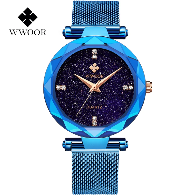 

Fashion WWOOR Luxury Stainless Steel Watches Women Quartz Bracelet Watch Ladies Dress Watches Blue Clock relogios Montre Femme
