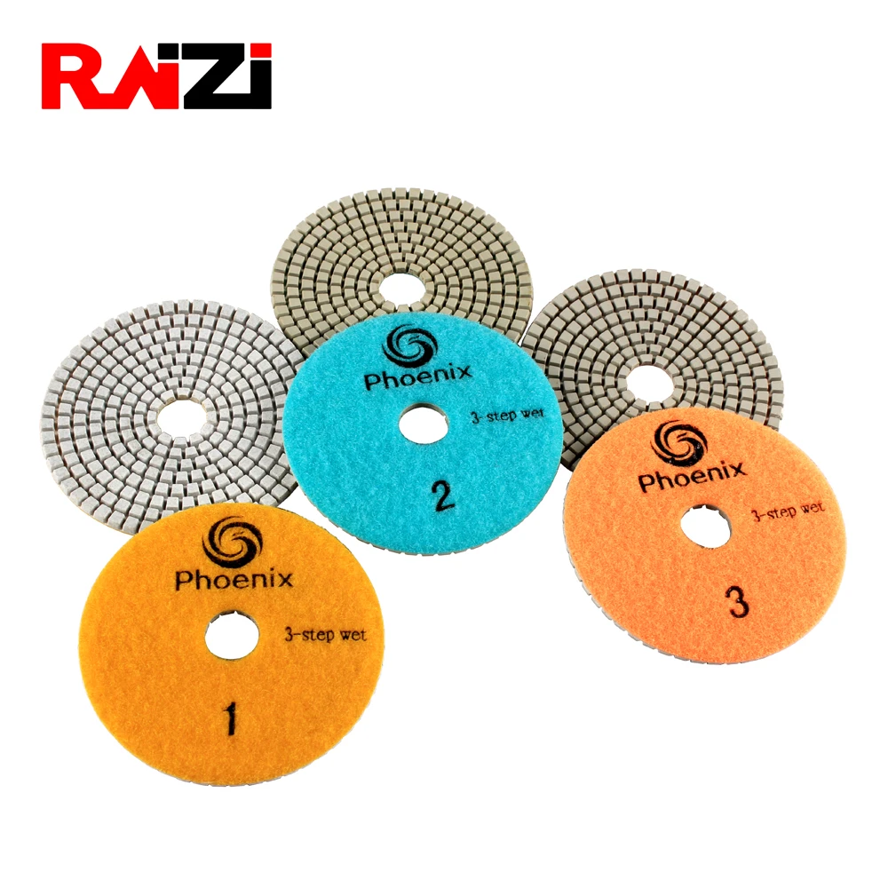 Raizi 3 step 4 inch wet polishing pads for Granite Marble Engineered Stone white resin Grit 1-3