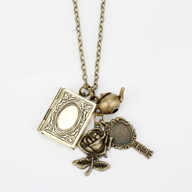 Special Price dongsheng New Beauty And Beast Necklaces Vintage Book Rose Flower Key Pendants Necklace Choker Victorian Jewelry Accessories -30