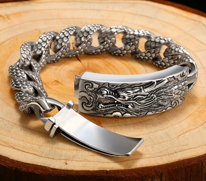 

CLZ 21*1.35cm 92g S925 Sterling Silver Dragon heand men Bracelet