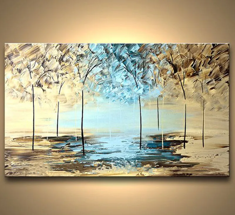 

Handpainted Abstract Landscape Oil Paintings on Canvas Home Decor Wall Art Pictures Large Knife Blue Gold Trees Scenery Painting