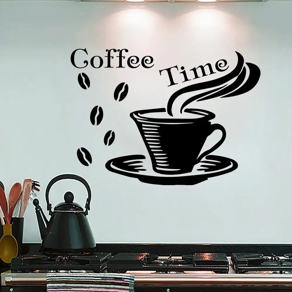 Wall Decals Quote Coffee Time Cup Decal Kitchen Cafe Decor Vinyl