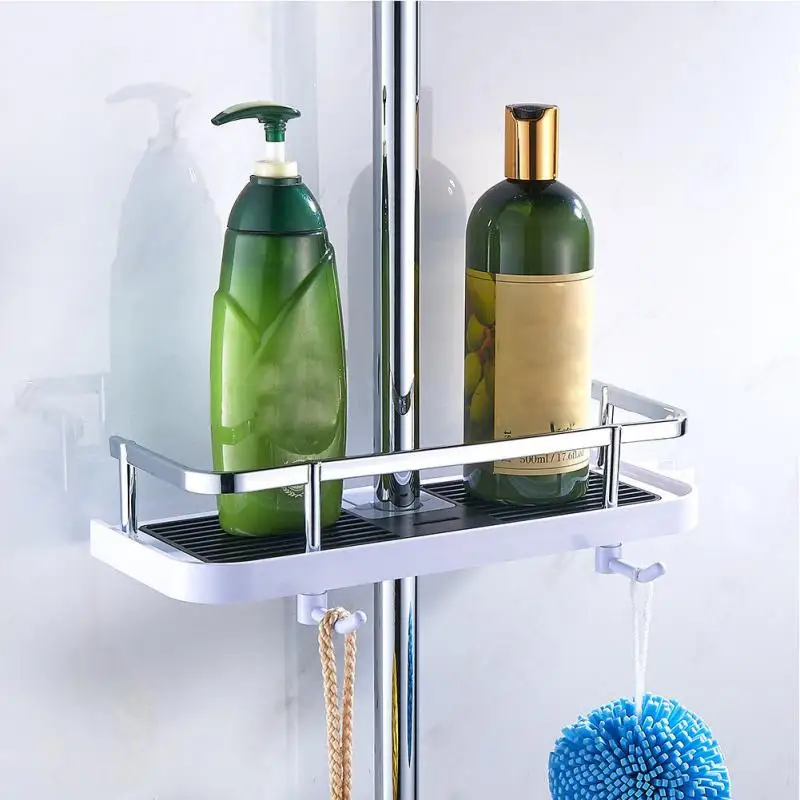 Bathroom Pole Shelf Shower Bath Storage Caddy Rack Organiser Hollow Tray Holder