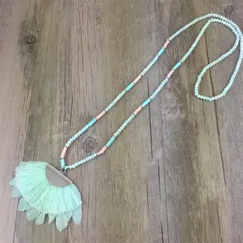 

Boho Vintage Style Long Chain Aqua Tassel Pendant Women Fan Pendant Feather Tassel Necklace Wholesale