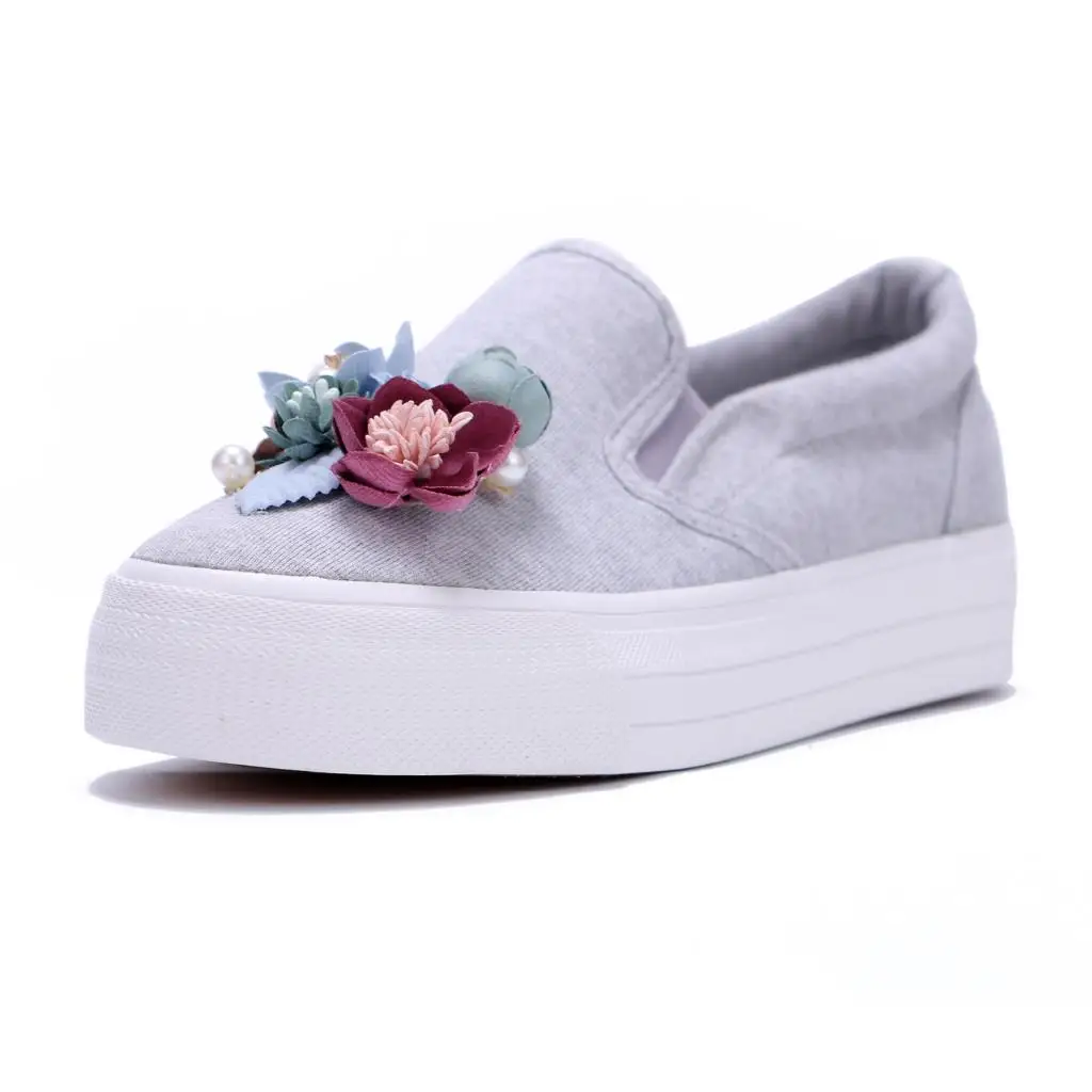 Fujin/Дизайнерская обувь с объемным цветком; сезон весна-осень; обувь на платформе; женские лоферы без шнуровки; обувь на плоской платформе; вулканизированные Стразы - Цвет: grey