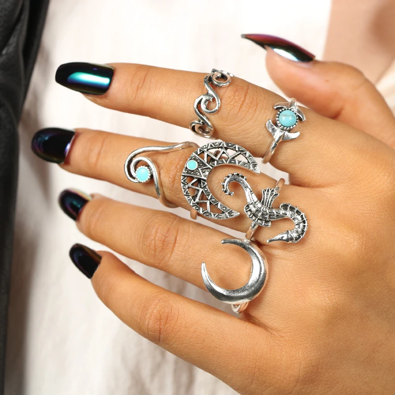 docona Bohemian Silver Moon Sea Horse Finger Ring Set for Women Green Rhinestone Hollow Wave Knuckle Midi Rings 6pcs/1set 4023