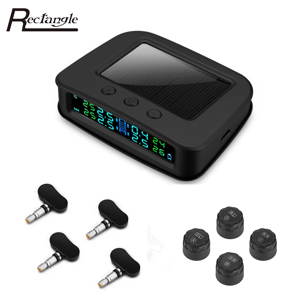 Rectangle Solar Powered TPMS Car Tire Pressure Monitor System 4 External Sensors Temperature Real Time Digital Display Alarm