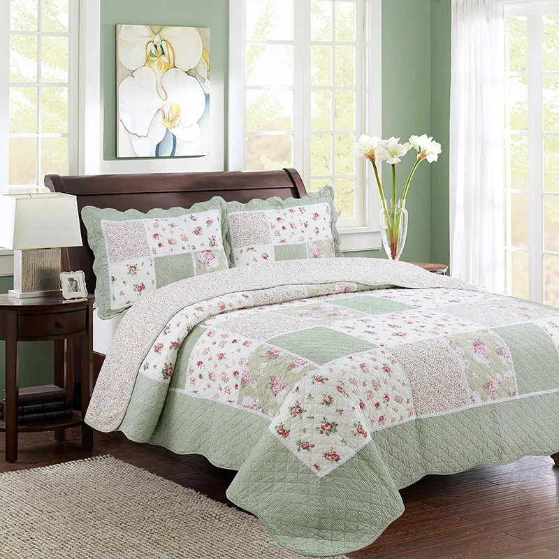 

CHAUSUB Patchwork Bedspread Quilt Set 3pcs Korea Floral Cotton Coverlets Quilted Quilts Pillowcase King Queen Size 4pcs Bedding