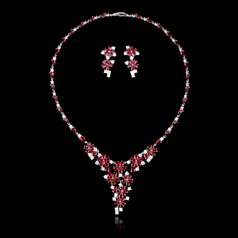 

Fancy Fuchsia or Blue Cubic Zirconia Crystal Flower Design Necklace and Earring Set for Wedding or Party
