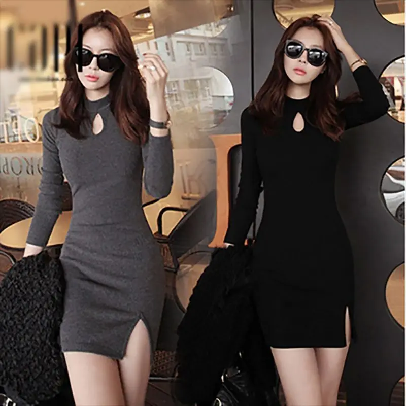 

Basic Slim Bodycon Turtleneck Dress Casual Hollow out Long Sleeve Knit Dress Women Cotton Female Spring Elegant Dresses V3