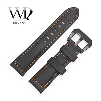 

Rolamy 22 24mm Black Real Leather Handmade Replacement Thick Vintage Wrist Watch Band Strap With Black Color Brushed Buckle