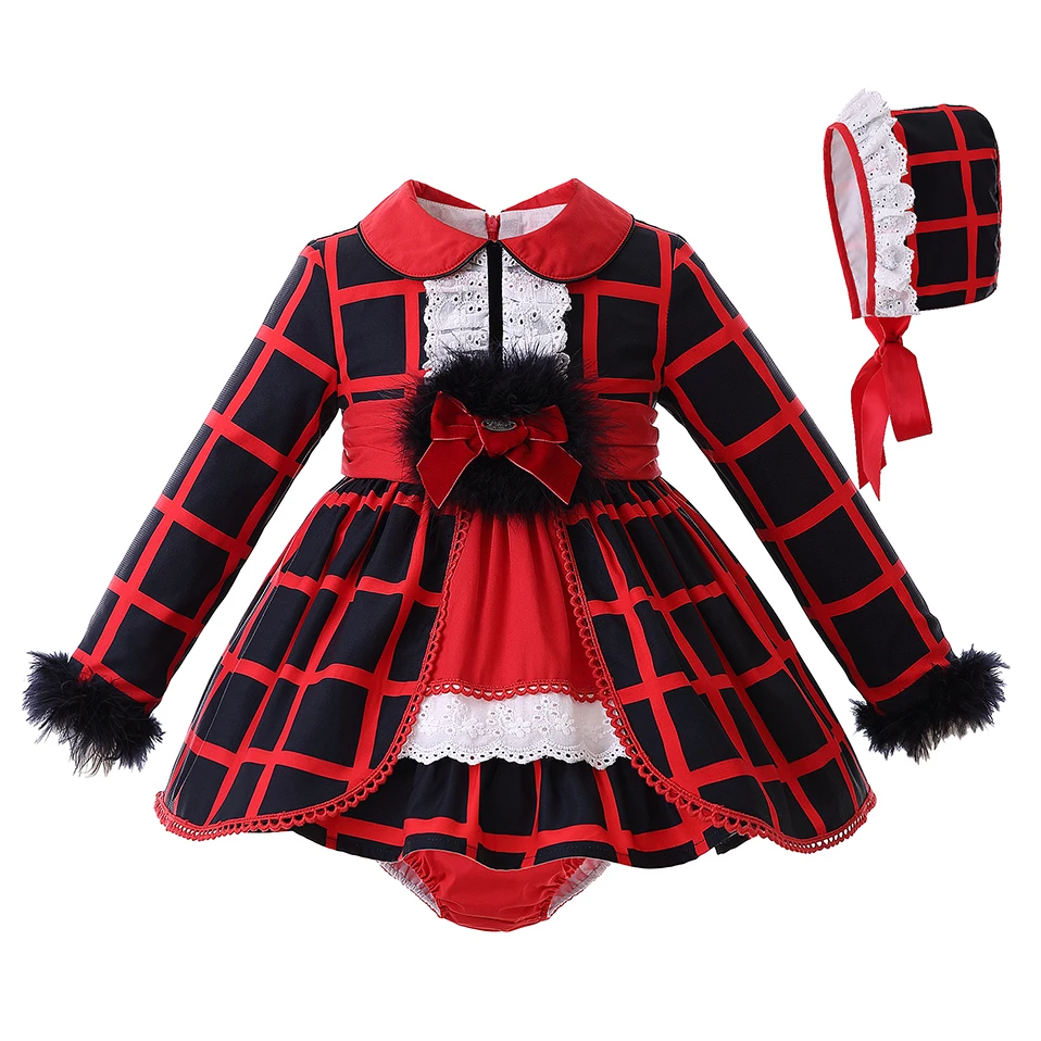 

Pettigirl Newborn Baby Girl Clothes Grid Faux Fur Long Sleeve Baby Christmas Dress +Red PP-pants +Bonnet +Pom Sash Infant Outfit