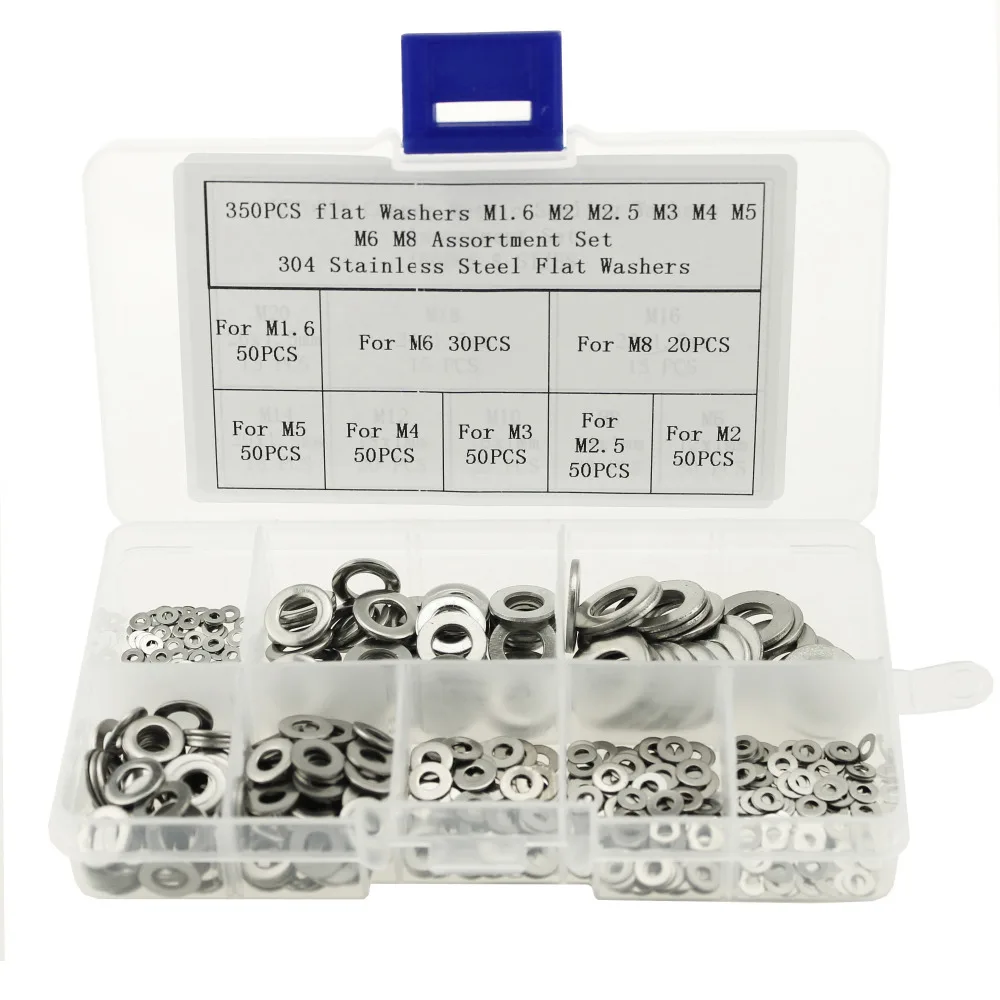 350PCS Stainless Steel Flat Washers Assortment Kit For M1.6 M2 M2.5 M3 M4 M5 M6 M8 screws bolt