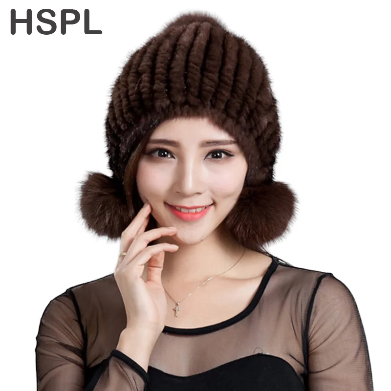 

HSPL Fur hat 2017 Fashion Knitted Real Mink Bomber Hat with Fox Fur Pom Pom Ear Flaps Warm Winter Black Women Lady Mink Bone Cap