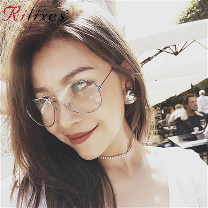 

RILIXES Pilot Sunglasses Frames Optics Eyeglasses Transparent Lens Clear Glasses Women Men Optical Alloy Metal Eye with bag