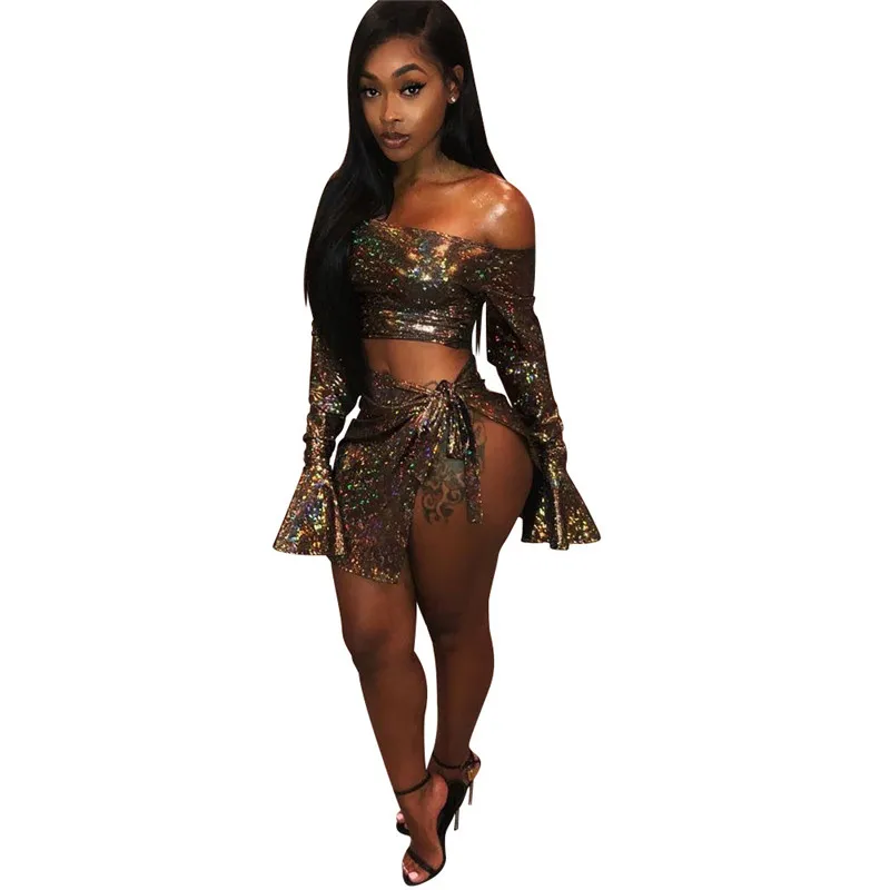حزب Clubwear مثير سباركلي اثنين من قطعة مجموعة النساء مضيئة كم قبالة الكتف المحاصيل الأعلى والتنورة مجموعة مطابقة مجموعات Conjunto feminino حزب Clubwear مثير سباركلي اثنين من قطعة مجموعة النساء مضيئة كم قبالة الكتف المحاصيل الأعلى والتنورة مجموعة مطابقة مجموعات Conjunto feminino