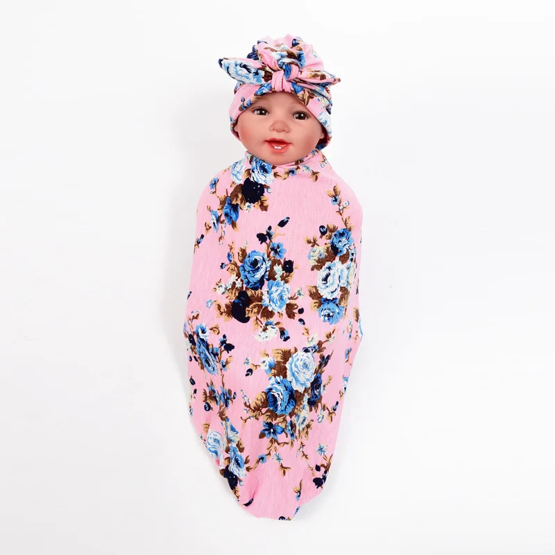 

2Pcs/Set Soft Muslin Newborn Baby Blanket Bedding Blanket Wrap Floral Prints Swaddle Blanket Bath Towel+Bowtie Hat Birthday Gift