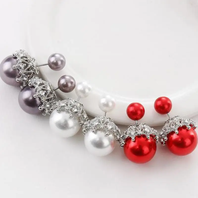 Милые красные белые фиолетовые двойные жемчужные серьги-гвоздики с шариками для женщин, Кристальные серьги, ювелирные сережки Brincos