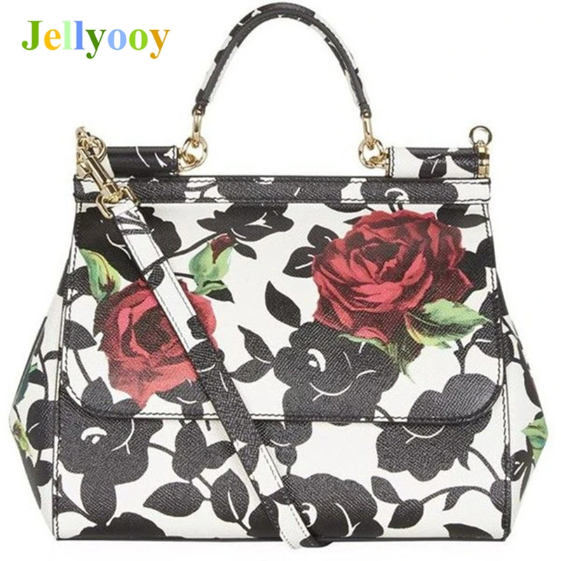 

Luxury Italy Brand Sicily Black Rose Printed Genuine Leather Handbags Famous Designer Women Handbag Lady Messenger Shoulder Bags