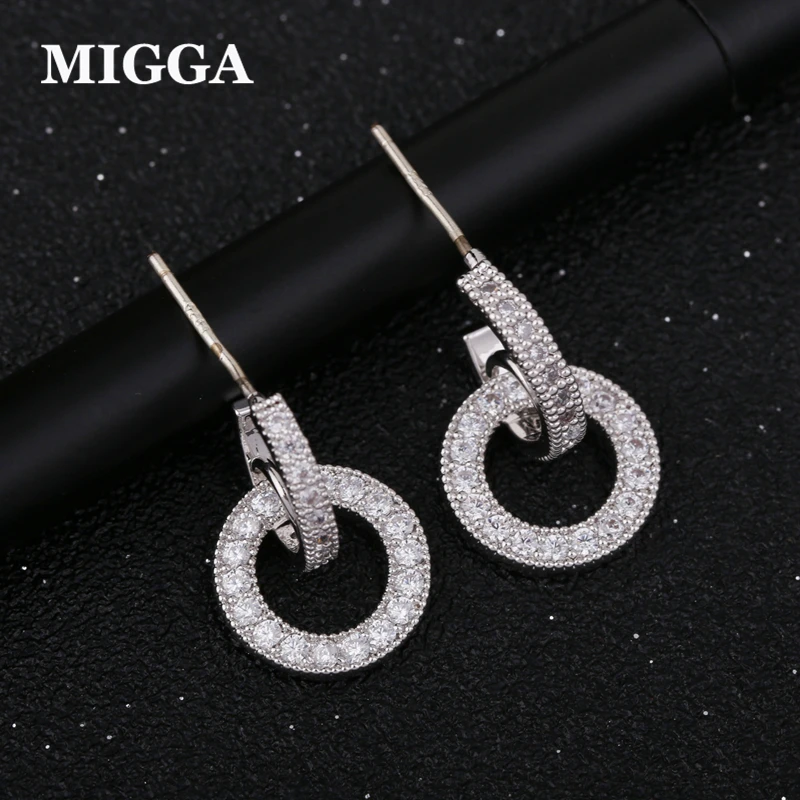 MIGGA белые золотистые кристаллы круглые серьги-гвоздики с подвеской женские фианиты Brincos Ювелирные Изделия
