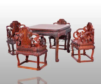 

Square 96" Chess tables set (1 table &4 Chair) Rosewood Coffee tea Desk Carven Crafts Annatto Armchair Solid Wooden Backed Chair