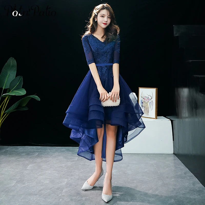 

Elegant V-neck Lace Appliques Navy Blue High Low Prom Dresses 2019 Plus Size Tulle Short Prom Gowns With Half Sleeves