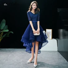 Elegant V-neck Lace Appliques Navy Blue High Low Prom Dresses 2019 Plus Size Tulle Short Prom Gowns With Half Sleeves navy lace hollow out short sleeves mini dresses with lace up design