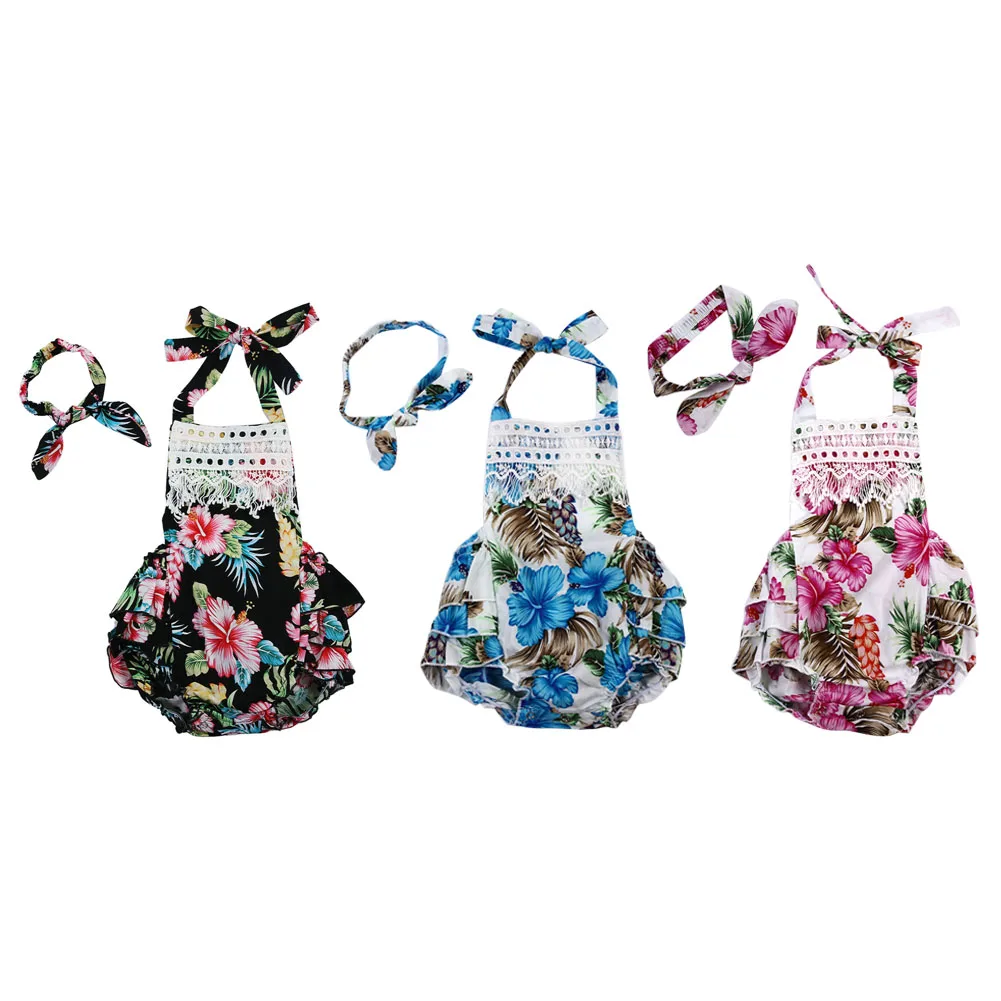 

Baby Girl Clothes Floral Bodysuit One-pieces Sunsuit + Headwear 2PCS Outfits Baby Clothing Set 0-24M