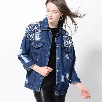 

Female Denim Jacket Bead Pearls Washed Jackets Vintage Hole Autumn Fashion BF Style Outwear Coats Pocket Single Button Coats