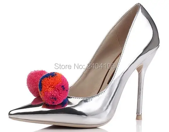 

Designer Shoes Women Luxury 2018 Large Size 33-43 Fashion Pumps Metallic Champagne Gold Sliver Pom Pom High Heel Bridal Shoes