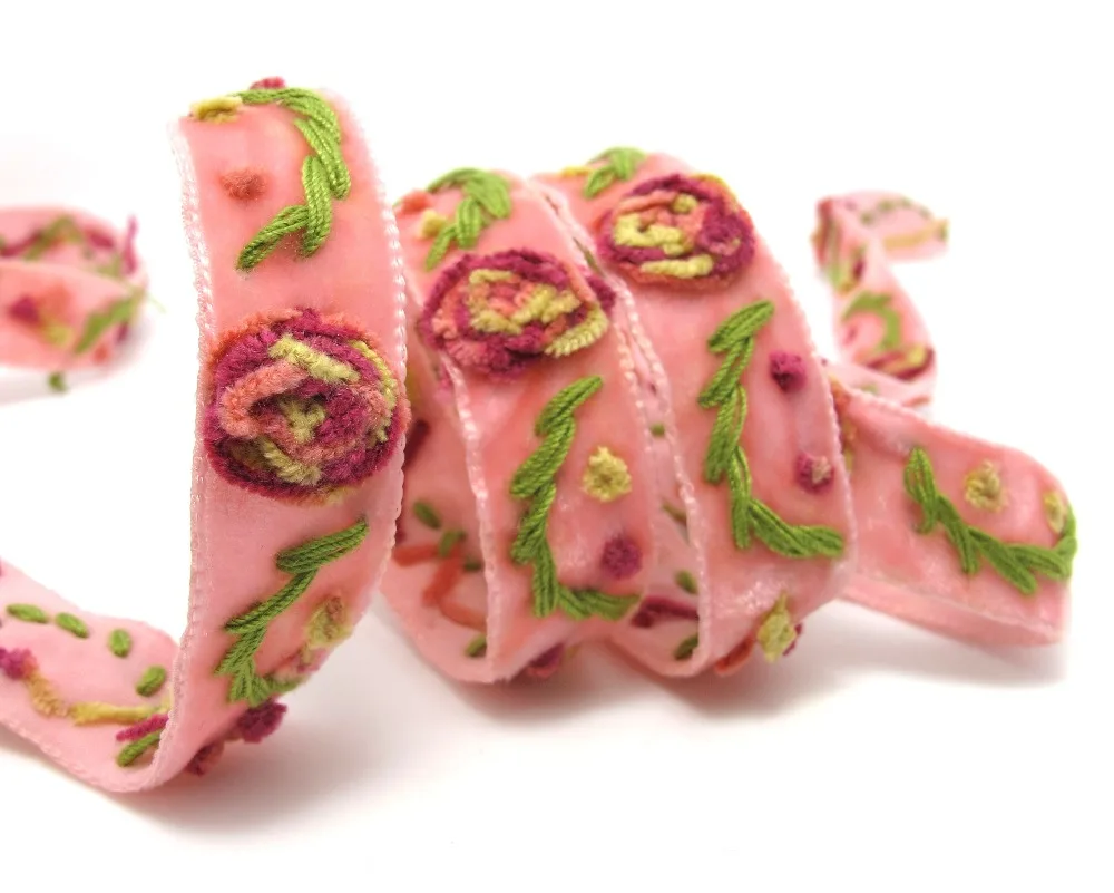

5/8 Inches Velvet Rose Flower Embroidered Ribbon Trim|Floral Lace Supplies|Bow Making Hair Material