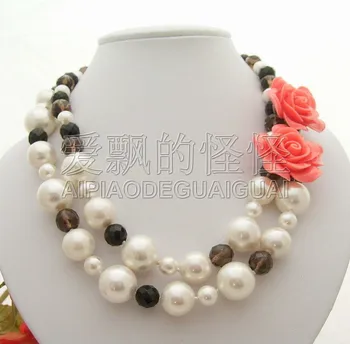 

N070185 19" 2Strands Shell Pearl Onyx Smoky Resin Flower Necklace