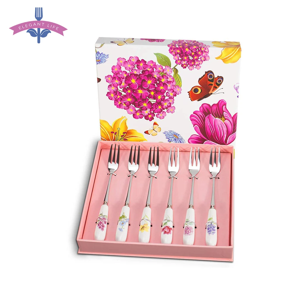 

6 PCS Stainless Steel Dessert Forks Set Silverware Herb Garden Ceramic Salad Flatware Set Cutlery Set Cake Fruit Forks for Party