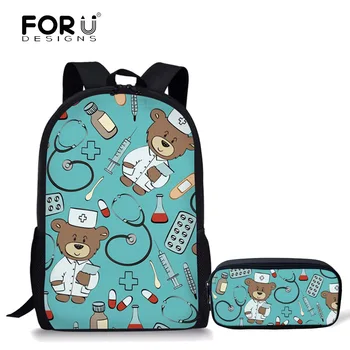 

FORUDESIGNS School Bags Set for Teenager Girls Bookbag and Pencil Bag Primary Bagback Movie Custom Made Cute Bear Doctors Print