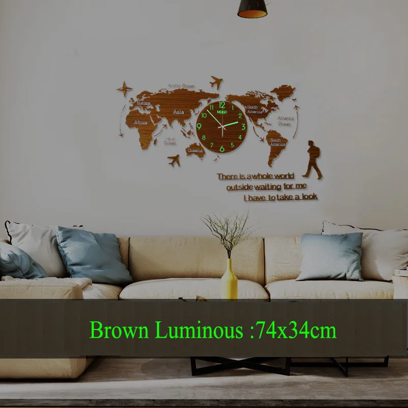 Карта мира настенные часы большие современный дизайн 3D наклейки Подвесные часы светящиеся в темноте декоративные часы домашний бесшумный настенные часы - Цвет: brown light 74x34cm