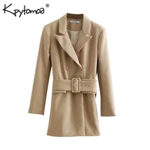 Винтажный двубортный пиджак с поясом OL, Женское пальто, модная верхняя одежда с длинным рукавом для офисных леди, Повседневная Верхняя одежда Casaco Femme