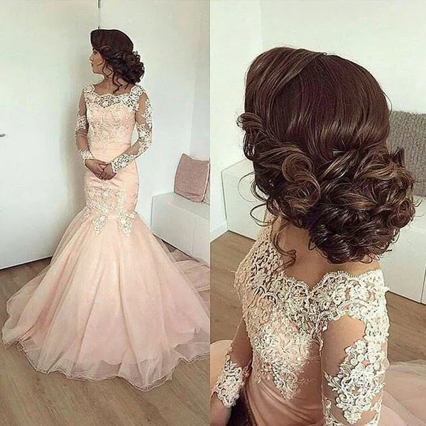Newest Long Sleeve Mermaid Prom Dresses 2018 Boat Neck Champagne Tulle Satin Appliques Long Evening Dresses Party Prom Gowns